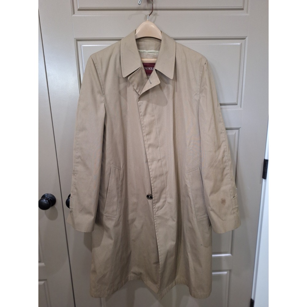 Vintage Gleneagles Mens Trench Coat Tan Khaki Faux Fur Lined 40 Reg USA Made